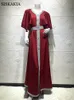 Skiskakia Soft Satin Jalabiya Hijabドレスのための女性ファッションリボンイスラム教徒のドバイアラビア語モロッコのカフタンマルーンフリル半袖210309
