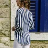Damenbekleidung Gestreifte weiße Bluse Langarmhemden V-Ausschnitt Chiffon Lose Vollblusen 2019 Sommer Neu Schwarz Blau Rot 3XL X0708