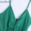 Frauen ärmelloses grünes langes Kleid Sexy V-Ausschnitt geraffte rückenfreie Spaghettiträger Maxi Party Knöchellänge Cami 210604