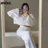 Aproms Weiß Schwarz Gestrickte Damen 2 Stück Anzüge Casual Flare Sleeve Crop Top und Hosen Set Weibliche Hohe Taille Homesuits 210930