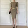 Korejpaa Kvinnor Klänning Korea Chic Sommar Kortljus Kokt O-Neck Ring Buckle Decoration Waist Bubble Sleeve Long Vestido 210526