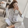 Women Pajamas Sets Quality Sexy Navy Satin Ice Silk Sleepwear Korea Sweet Long Sleeve Trousers Pyjamas 210809