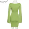 Nadafair Flare Manches Moulante Sexy Mini Robe De Soirée Vert Vintage Col Bas Longue Manches Slim Robe D'hiver Pour Les Femmes 2021 Festival Y1006