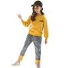 Meninas Esporte Roupas Moletom + Calças de Jeans Traje para Cuffs Tracksuit Menina Retalhamento Childrens Roupas 6 8 10 12 14 210527