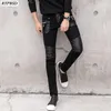 Pantalon homme simili cuir pantalon mode fermeture éclair hommes jean slim coupe ajustée Patchwork Denim décontracté haute qualité noir motard