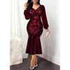 Femmes Robe 2021 Été Vintage Sexy Col V Paillettes Longue Fête Robes Casual Plus Taille Taille Haute Slim Robes De Sirène 5XL X0521