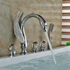 Bathroom Shower Sets Crystal Knob Swan Golden Bathtub Faucet Deck Mounted 5 Holes Widespread Tub Mixer Tap With Handshower Torneira Chuveiro