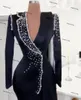 Black Long Sleeve V-neck prom dress Elegant High Slit Women Formal Gowns Black Satin Pearls African Evening Dresses2596