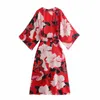 Casual Dresses Women Vintage Floral Print Red Split Midi Dress Female Chic Three Quarter Sleeve Bow Tied Sashes Kimono Vestidos