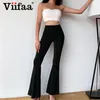 Viifaa Schwarz Feste Hohe Taille Skinny Flare Hose Geraffte Rückseite Slim Fit Femme Frühling Dehnbare Hose 220226