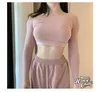 WOMENGAGA Street Girl Hollow Out Taille Bandage Langarm T-Shirt Sexy Pink Korean Slim Bottom Tees Sommer Tops BAMI 210603