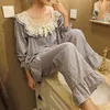 Set pigiama da donna con scollo quadrato in pizzo ricamato a fiori Lolita. Set pigiama vintage in cotone grigio da donna. Sleepwear Loungewear Nightclothes 210809