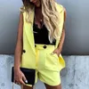 Women's Tracksuits Women Two-Piece Suit Vest Coat And Shorts Solid Color Waistcoat Single Button Yellow Sleeveless Blazers With