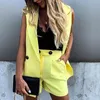 Femininas femininas mulheres de duas peças terno colete casaco e shorts cor sólida colete de cor único botão amarelo blazers com