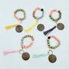 2021 Personalized Blank Wooden Disc Pendant Keychain Elastic Cord Bracelet Key Ring A variety of colors to choose from