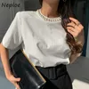 NEPLOE O Pescoço Beading Patchwork Manga Curta T Camiseta Mulheres Verão Solta Tees Causal Senhoras Simples Top Femme 210720