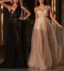 Sexig champagen svart sequin tulle lång aftonklänning v nacke ärmlös band formell fest klänning nya kläder de soirée vestidos longo 2022 ny