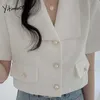 Yitimuceng escritório senhora blazer mulheres button up curto manga roupas elegante unicolor jaqueta branco verão moda 210601