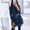 DICLOUD Moon Print High Neck Kleid Weiß Schwarz Cascading Rüschen Chiffon Mini Party Kleid Eine Linie Langarm Kleidung Weibliche 210303