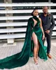 Sexy Slit Prom Dresses With Cloak Green Velvet Aso Ebi Style Long Train Women Pageant Gowns Custom Made Plus Size 2021