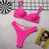 v neck women bikini solid neon Push up bathing suit swimwear Swimsuit female ribbed bathers summer beach wear 210629