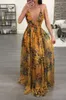 Print Floral Loose Boho Deep V Neck Backless Long Women Dress Maxi Dresses Vestidos Sexy Back Cross Beach Summer Dress Y0118