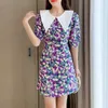 PERHAPS U Women Purple Yellow Floral Print Peter Pan Collar Summer Puff Sleeve Short Sleeve Mini Dress Korean Version D2613 210529