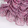 ZEVITY women fashion square collar flower print pleated mini dress lady puff sleeve casual slim vestidos chic dresses DS4526 210303