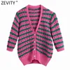 Zevity Moda Donna Scollo a V Colore abbinato Stampa a righe Scava fuori Maglione lavorato a maglia all'uncinetto Cardigan chic femminile Top SW801 210805