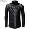 Stylish Western Cowboy Shirt Men Brand Design Embroidery Slim Fit Casual Long Sleeve Shirts Mens Wedding Party Shirt for Male 210708