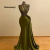 Modest Olive Green Mermaid Evening Dresses 2021 High Collar Sequin Beaded Long Evening Gowns Real Image Formal Party Dress
