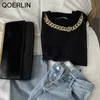 Basic Tops Korean Chic Summer O Neck Pullover Chain Decoration Loose Casual Solid Short Sleeve White Black T-shirt Top 210601