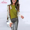 Autumn Winter Leopard tryckt tr￶ja Kvinnor l￥ng￤rmad o nacke casual stickade tr￶jor Feamle streetwear tyg