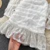 Sexy Hollow Out Floral Lace Mini Dress Deep V-Neck Full Sleeve High Waist Slim Ruched Ruffles Party Club Robe 210603