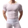 メンズ透明のセクシーなメッシュTシャツを通して縞模様の半袖筋肉の睡眠を介して下着ナイトクラブを実行するトップティー210629