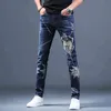 Stylish High Quality Mens Elastic Washed Denim Printed Jeans, Light Luxury Slim-fit Casual Jeans,Young Boys Must; 211108