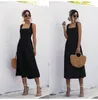 Abito lungo da donna Estate Sexy Backless Casual Bianco Nero Increspato Slip Midi Prendisole Donna Spaghetti Strap Vestido Abbigliamento 2103158446677