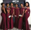 2021 African Burgundy Mermaid Bridesmaid Dresses Spaghetti Sweep Train Garden Country Wedding Guest Gowns Maid Of Honor Dress Plus Size
