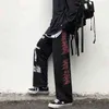 QWEEK Punk Hippie Szeroki Noga Pant Gothic Harajuku Streetwear Anime Street Style Mall Got Black Druku Spodnie Hip Hop 211124