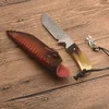 New High End Survival Straight Knife VG10 Damascus Steel Drop Point Blades Full Tang Horn + Steel Head Handle Fixed Blade Knives With Leather Sheath