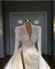 One Pcs Vintage Plus Size Pearls Mermaid Wedding Dresses Bridal Gowns With Detachable Train V Neck Long Sleeve High Side Split Robe De Marie