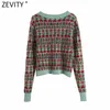 Zevity Femmes Vintage Couleur Correspondant Patchwork Impression Tricot Pull Femme À Manches Longues Chic Cardigans Rétro Kimono Tops S549 210218