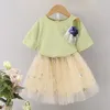 Set di abbigliamento estivo Top + Gonna in rete 2 pezzi Abito da ragazza Accessori floreali Abbigliamento per bambini Bambino 210528