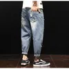Men Summer Ripped Ankle Length Plus Size Jeans 38 40 42 Harem Holes Hip Hop Trousers Denim Scratched Loose Boys Cool Blue Pants X0621