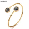 Shinygem Vintage Round Labradorite Stone Open Cuff Bangles Golden Adjustable Sparkling Zircon Charm Bracelets Bangles for Women Q0717