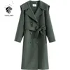 FANSILANEN Gray long elegant wram wool coat Women double breasted winter jacket Vintage cashmere female trench blend 210607