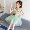 Barnkläder Floral Tshirt + Kjol Girl Mesh Tjejer Kläder Set Sommar Kid Casual Style 210528