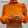 Missakso 섹시한 메쉬 자르기 탑 클럽 착용 긴 소매 패션 스키니 네온 여성 Turtleneck 패치 워크 T 셔츠 210625