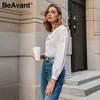 Beavant Elegant White Autumn Winter Women Blus Vintage Doll Collar Long Sleeve Female Shirt Fashion Pocket Blus 210709