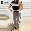 Kolorblock Plaid Paski Krótki Rękaw Tape Tape Top Drawstring Spodnie Ustaw Casual Podstawowe Kobiety Dwa kawałek Zestaw Y0625